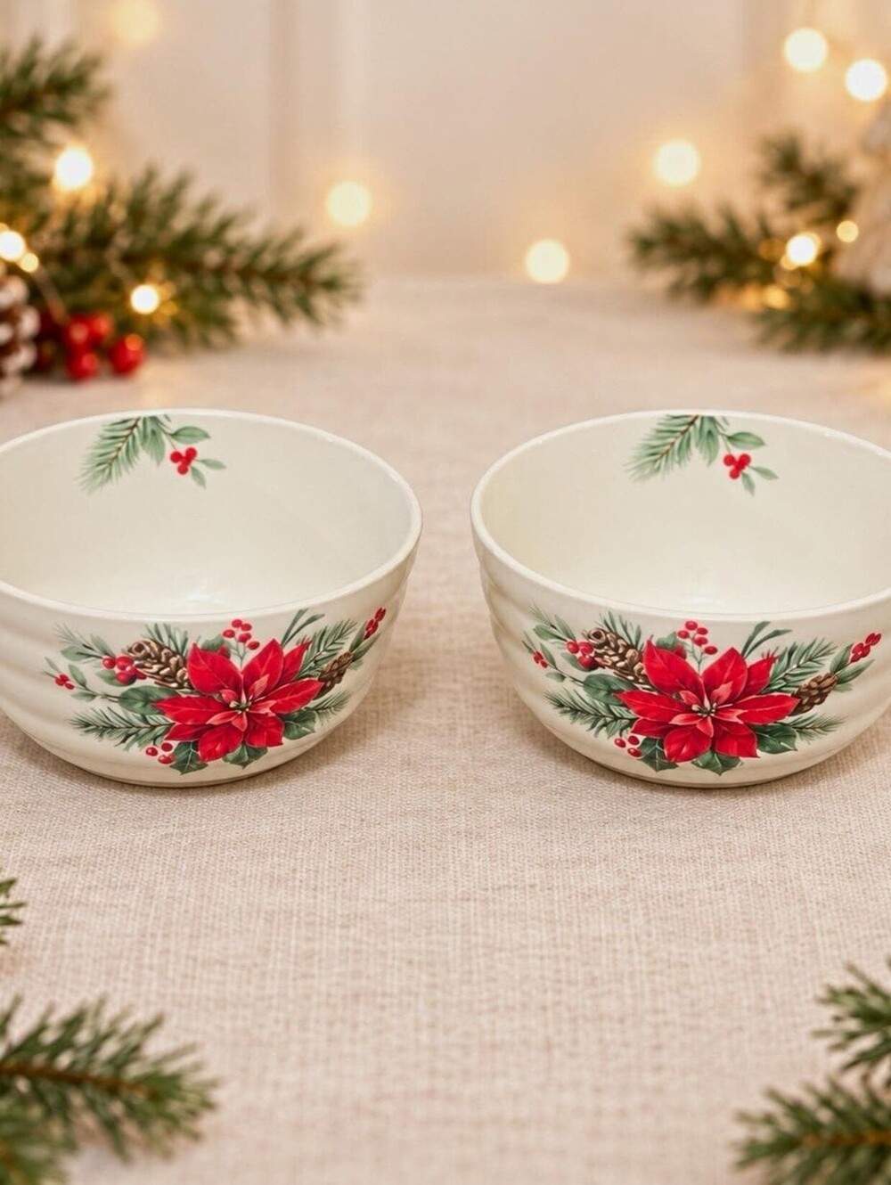 Set of 2 Poinsettia Ceramic Bowls: Traditional Christmas Holiday Serving